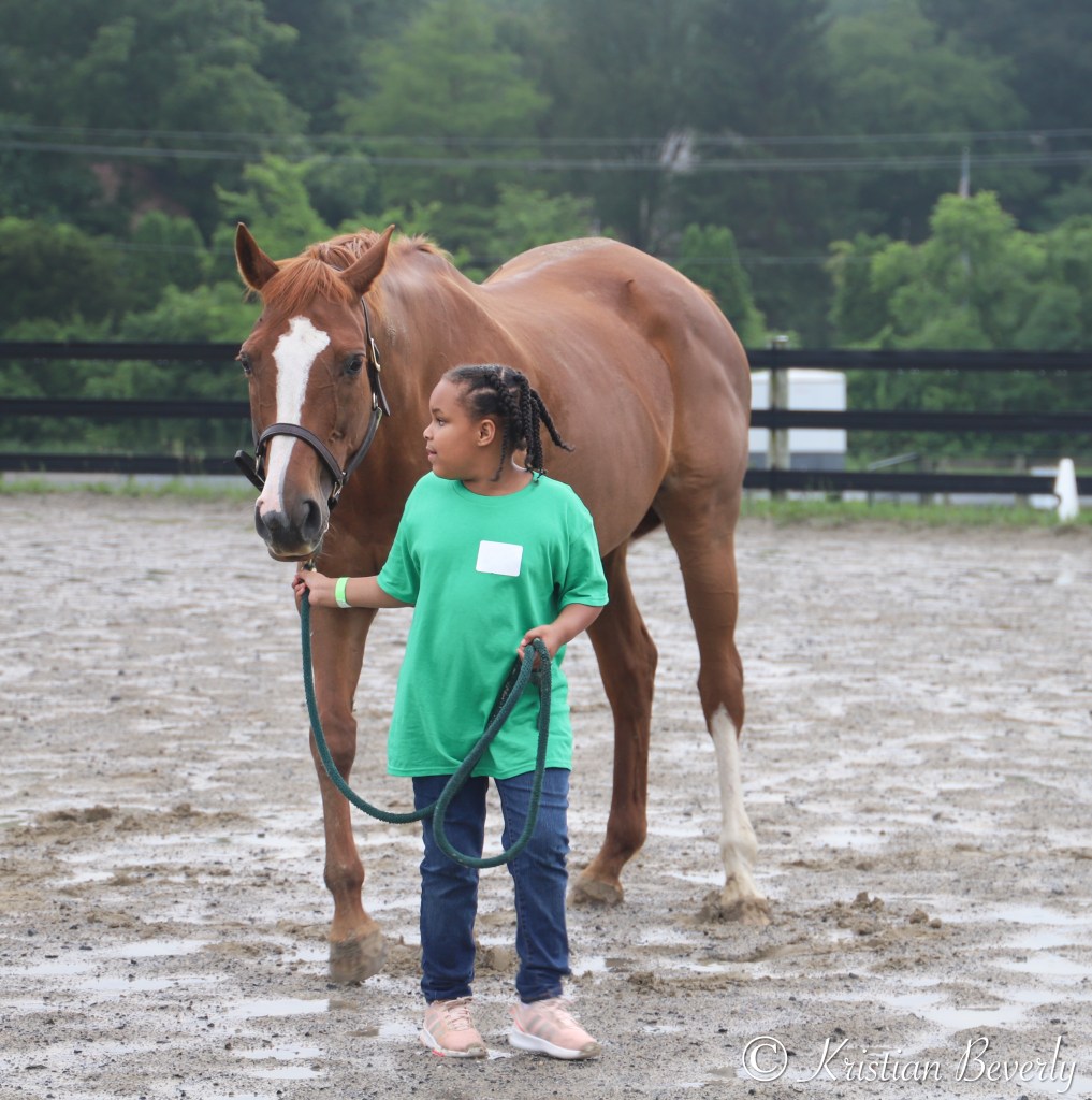 Kid leads horse